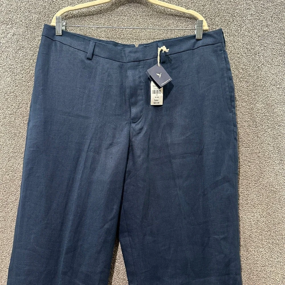 LL Bean Signature Kennebunk 100% Linen Pants Mens 38x34 Navy Blue Coastal Summer